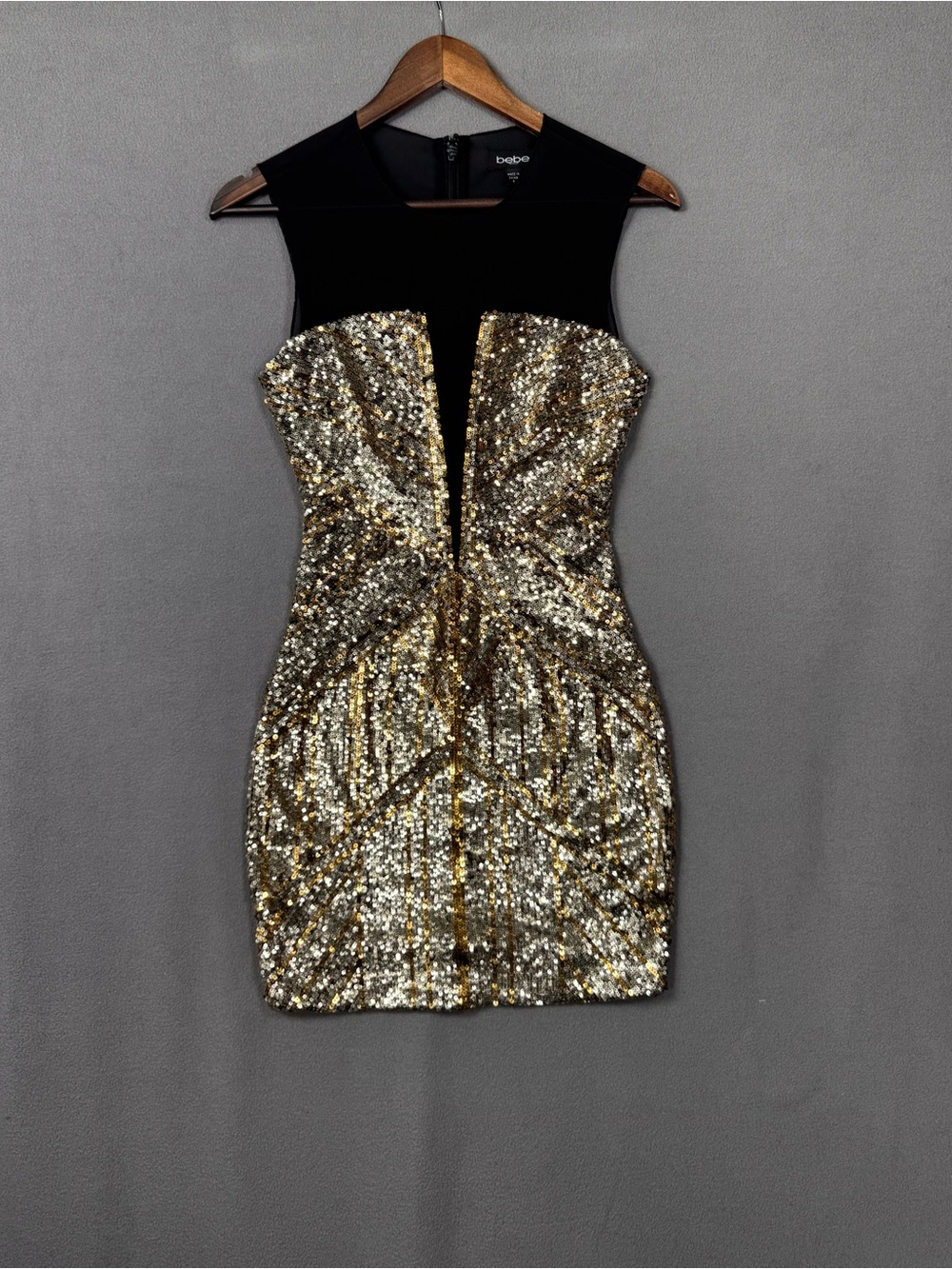 bebe VTG Mini Dress Gold and Silver Sequin Bodycon Dress w/ Black Mesh, S or XS